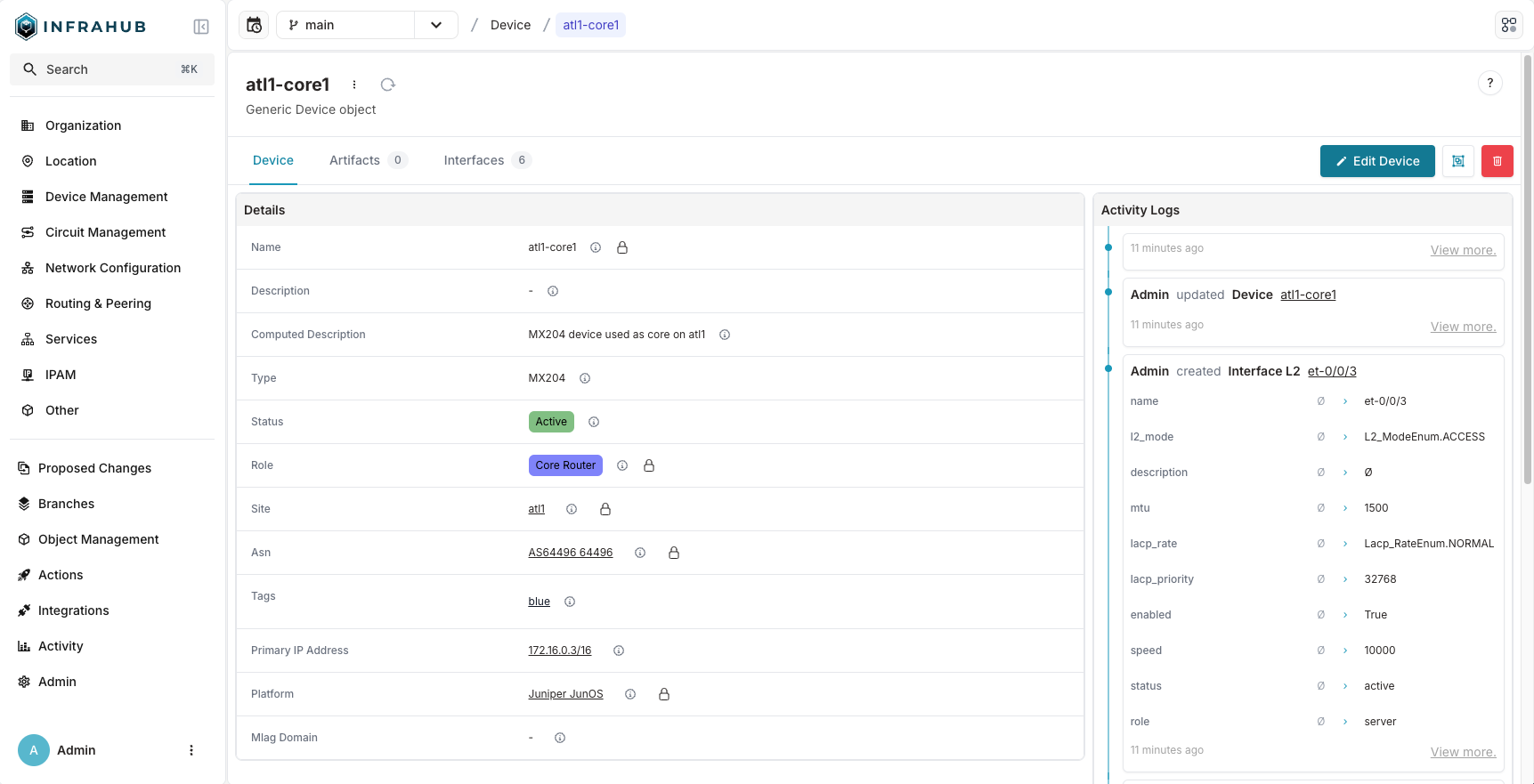 "Example screenshot of Infrahub 1.2 showing the Activity Log in the node details view."