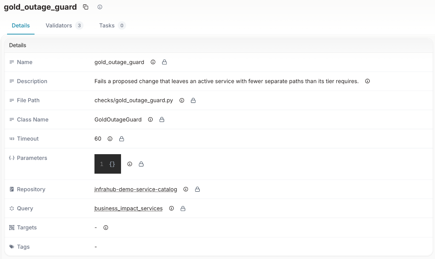 The check definition of the Gold outage guard in Infrahub, with its description, file path, class name and stored query