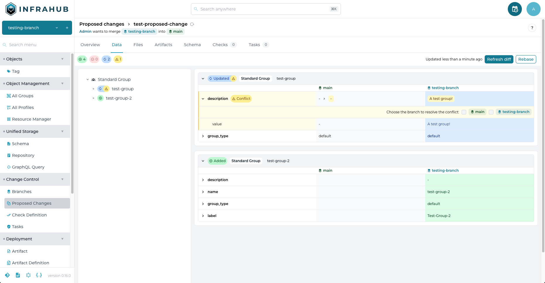 "View of a diff between two branches in Infrahub v0.16.0."