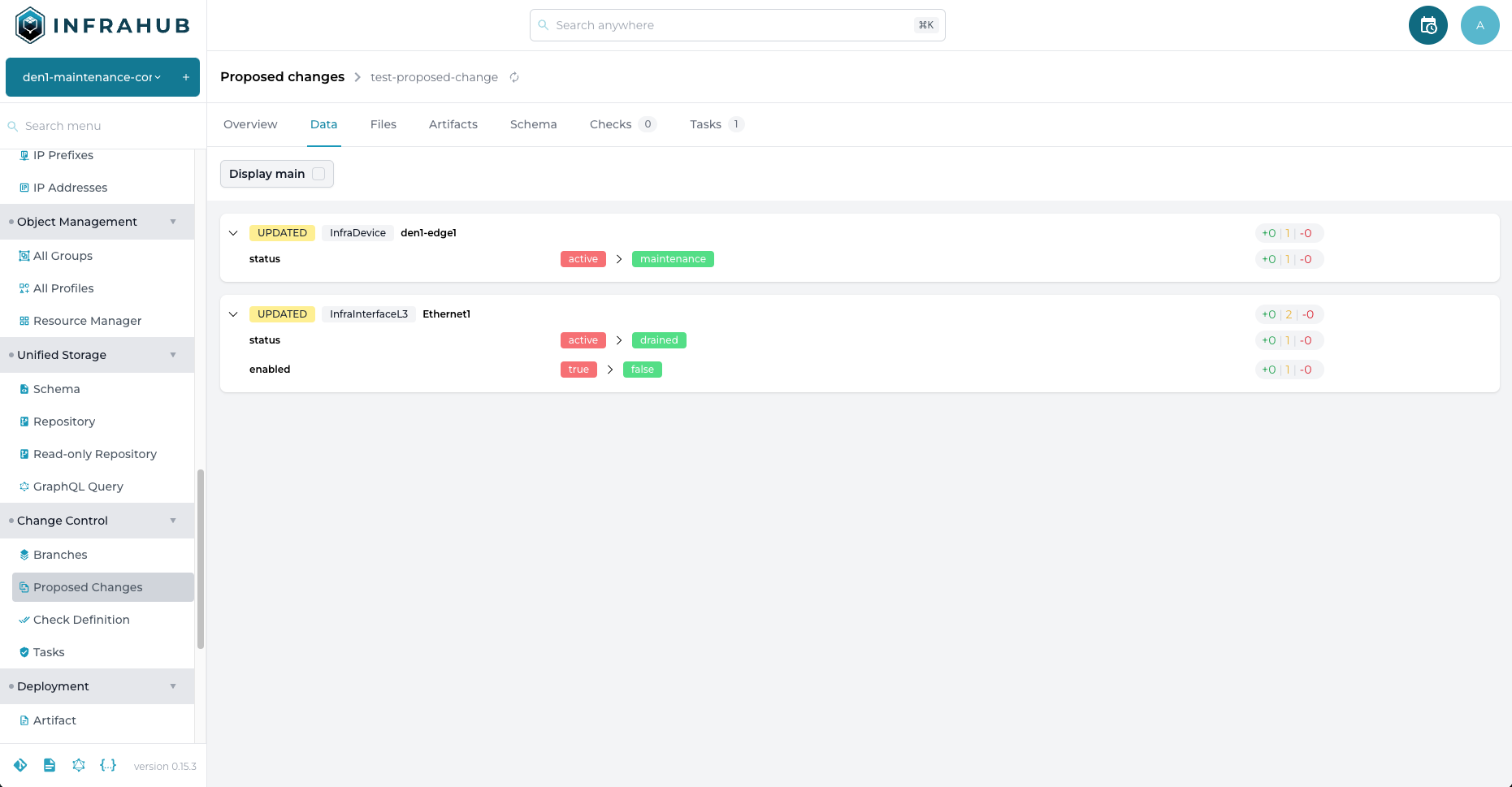 "View of a diff between two branches in Infrahub v0.15.3."