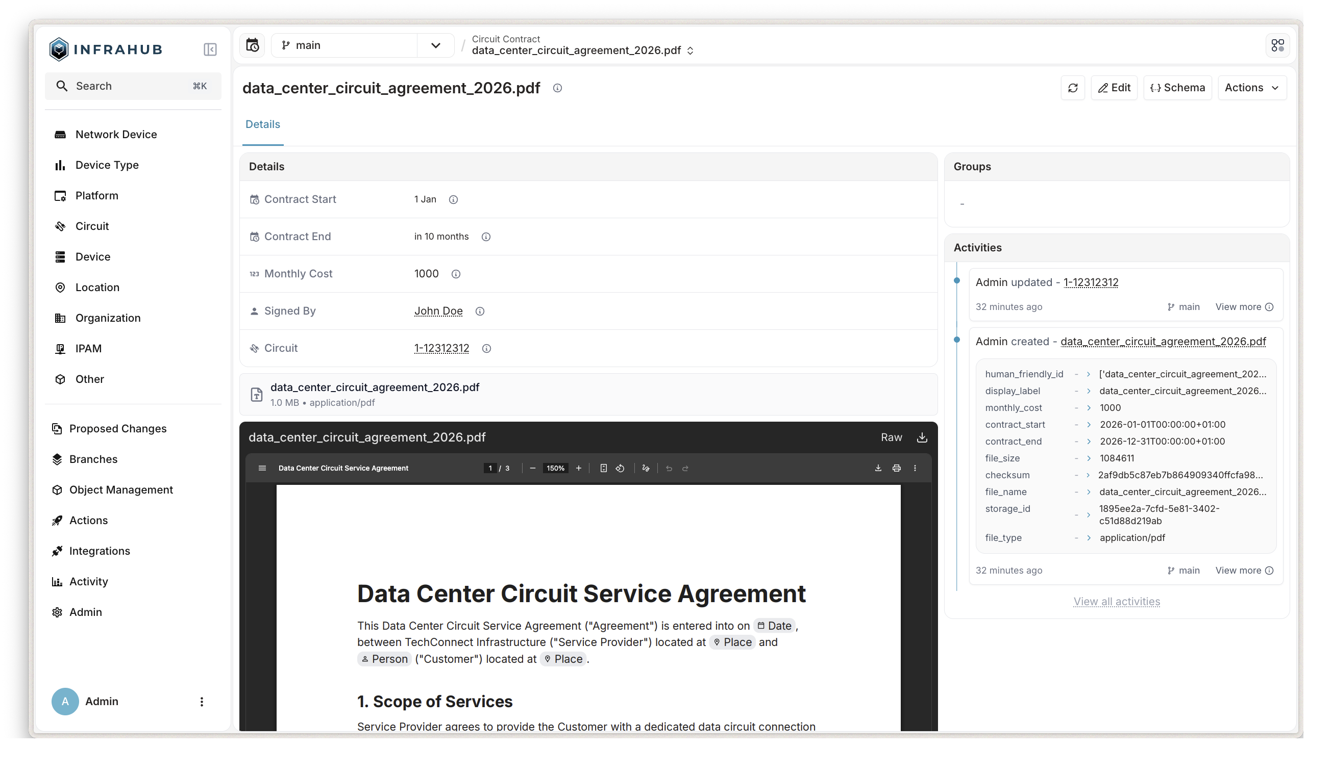 Detail view of a circuit contract file object showing metadata, file preview, and activity log