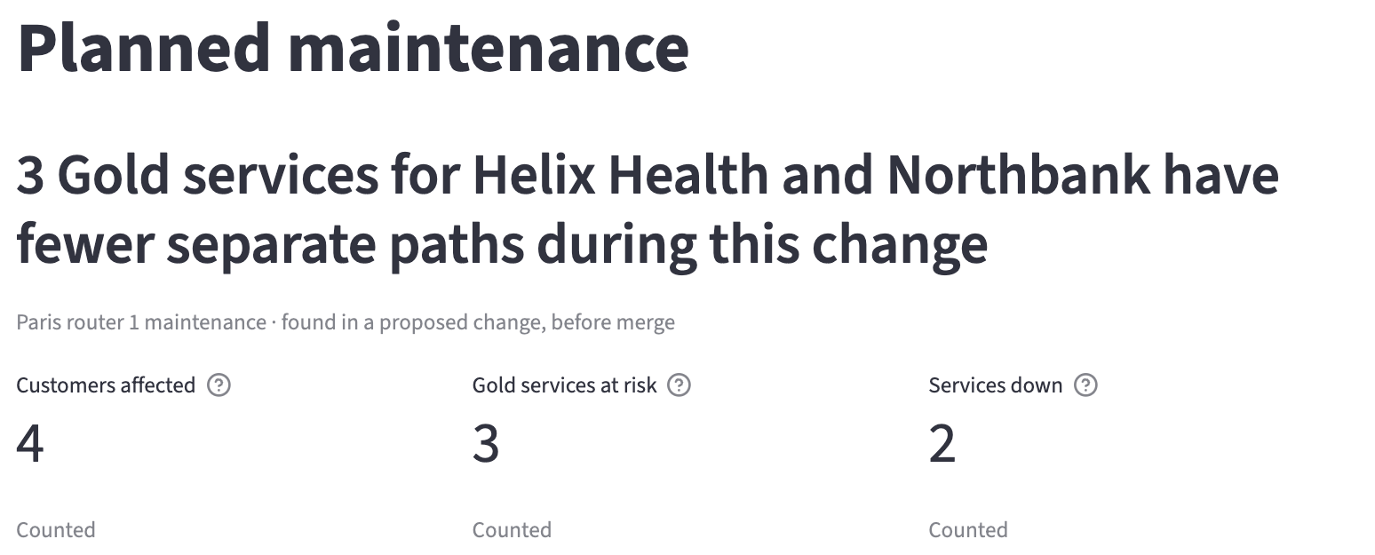 The Planned maintenance page for Paris router 1 maintenance: 4 customers affected, 3 Gold services at risk and 2 services down
