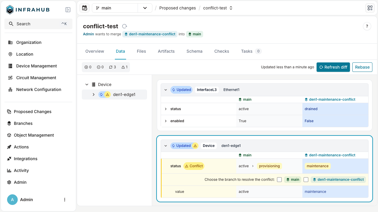 Conflict resolution interface showing branch selection