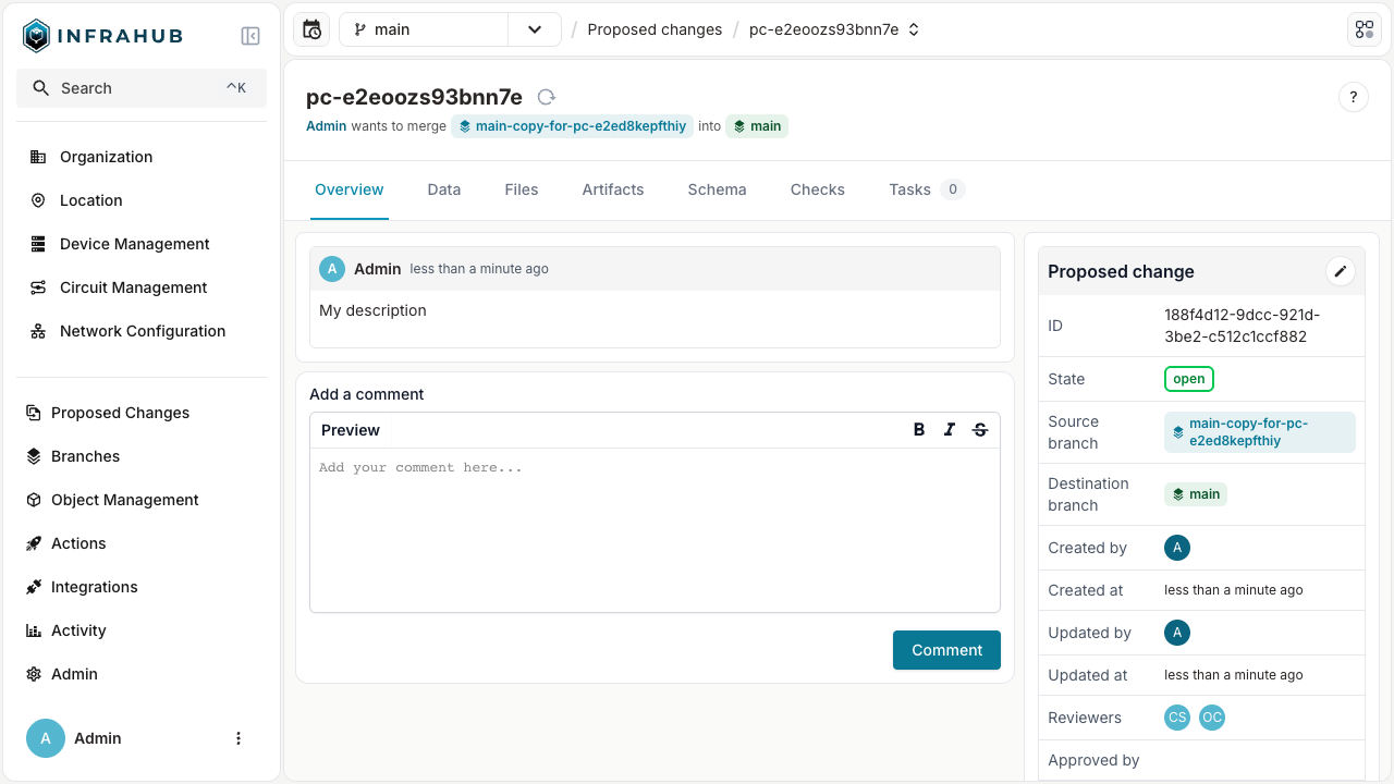 Proposed change overview showing state, branches, reviewers, and action buttons