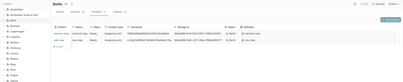 Berlin's Artifacts tab in Infrahub, listing two artifacts named network-map and odu-map, both with status Ready and content type image/svg+xml, each with a checksum, a storage id and the artifact definition that produced it.