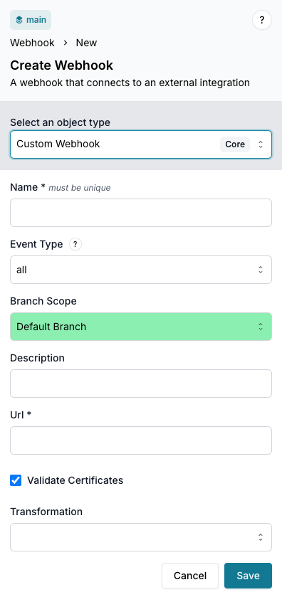 "Example screenshot of Infrahub 1.2 showing the new Webhook create menu."